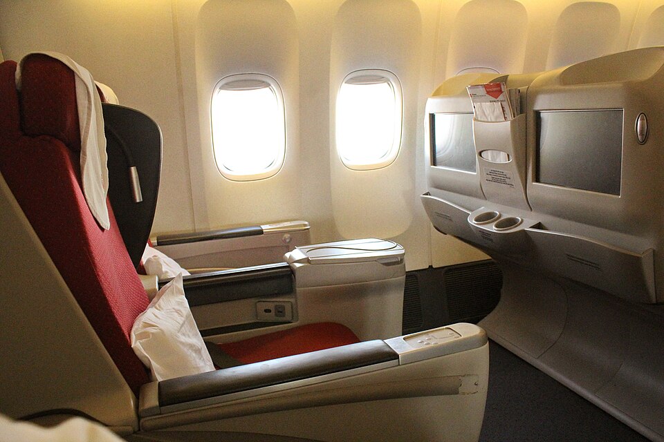 Business class cabin of a widebody airliner