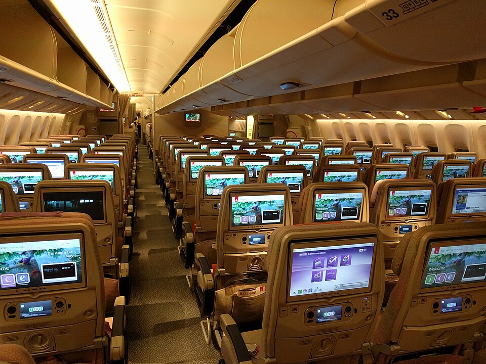 Economy class cabin of a widebody airliner