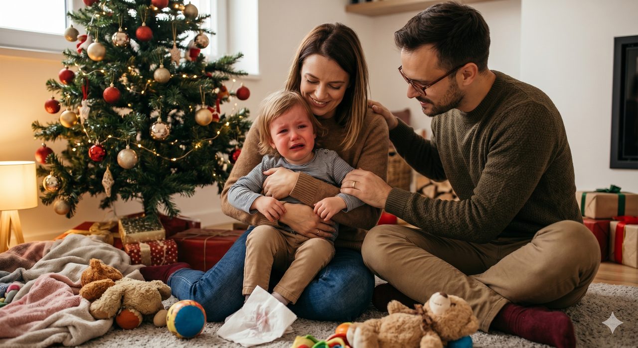 A parent comforting a child who has been pouting, in front of a Christmas tree